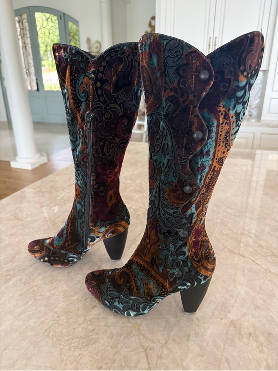 Born Shoes - Born Multicolor Velvet Tall Paisley Boot with Stacked Leather Heel